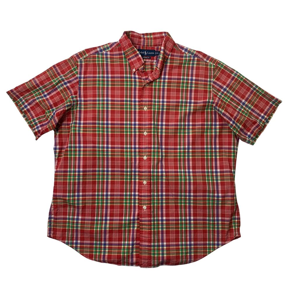 Ralph Lauren Shirt Mens XL Red Plaid Classic Fit Plaid Button Down Short Sleeve